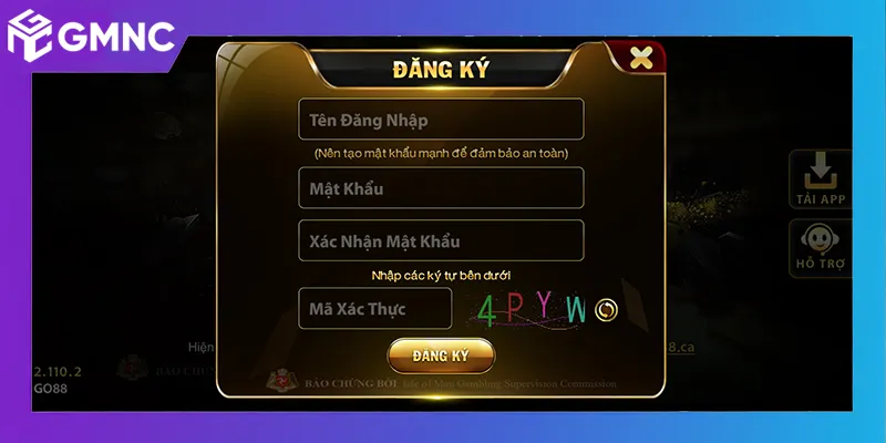 Hướng dẫn đăng ký GO88 qua biểu mẫu nhập thông tin và CAPTCHA