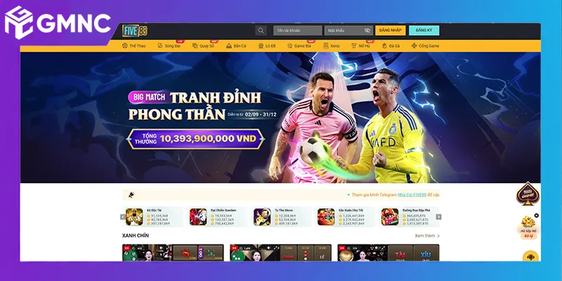 Tổng quan giao diện thương hiệu FIVE88 trên nền tảng desktop